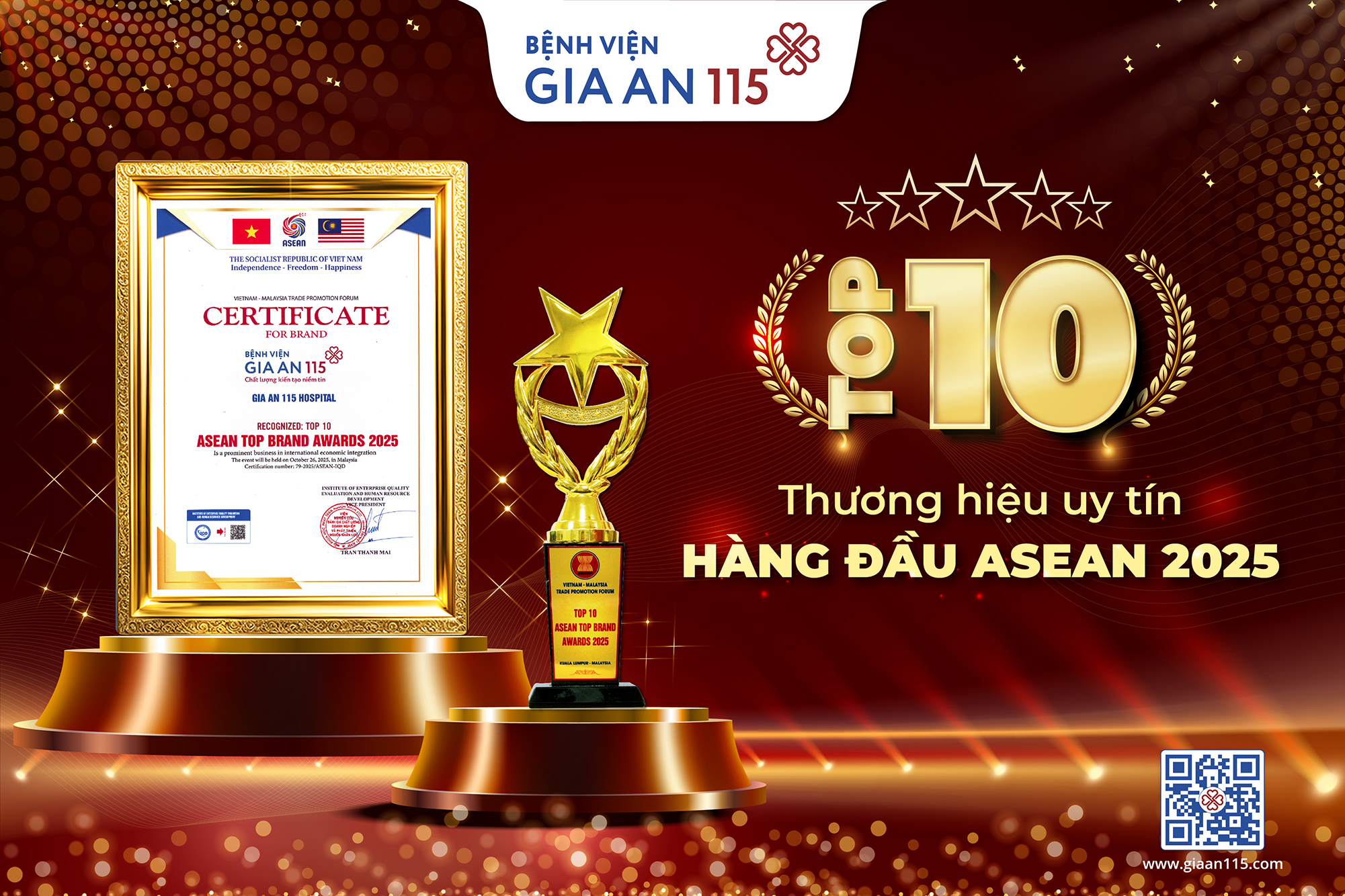 Bệnh viện Gia An 115 được vinh danh “Top 10 Thương hiệu uy tín hàng đầu ASEAN 2025”